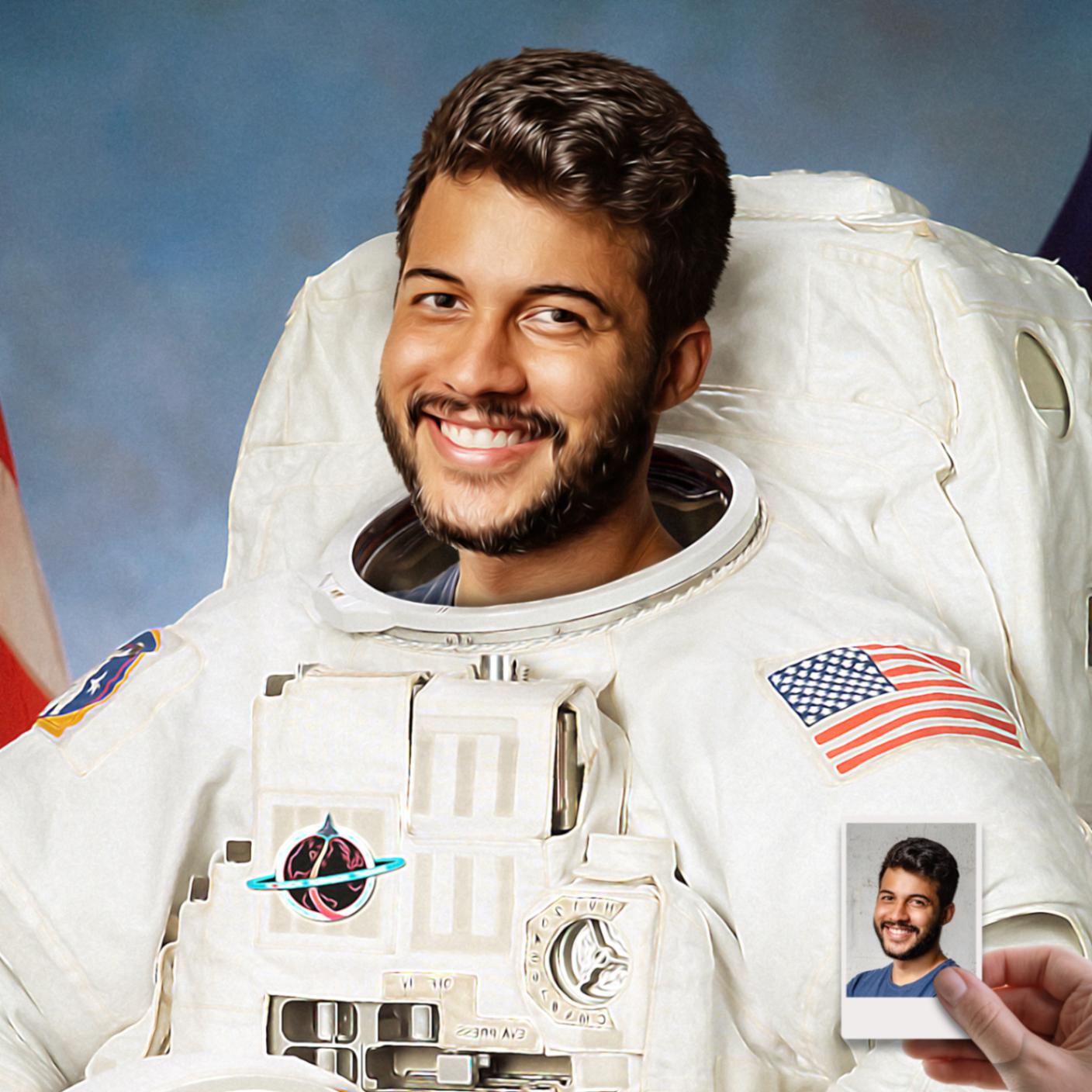 Vorher / Nachher Bild eines Mannes als Astronaut auf einem Poster