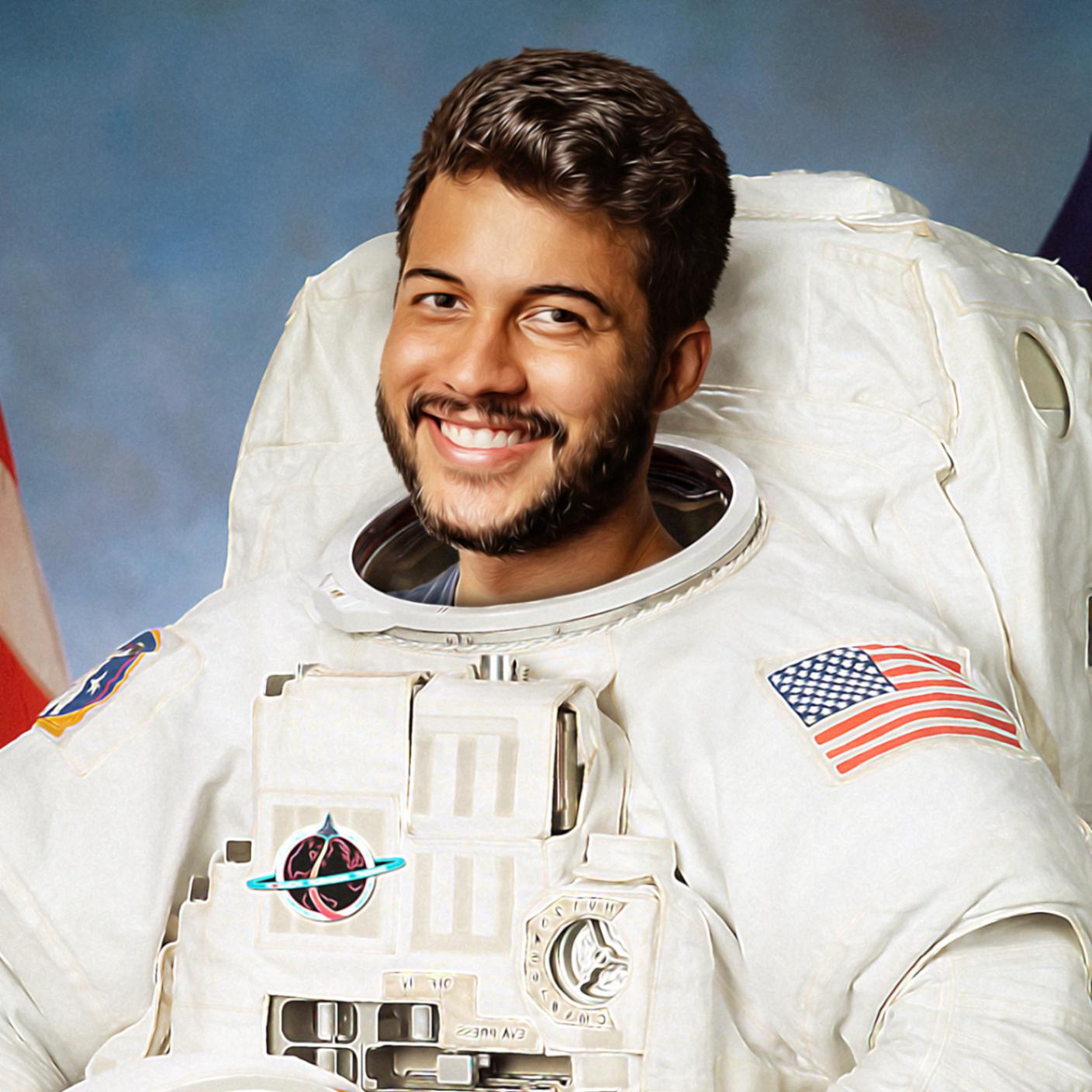 Lächelnder Mann als Astronaut auf Poster